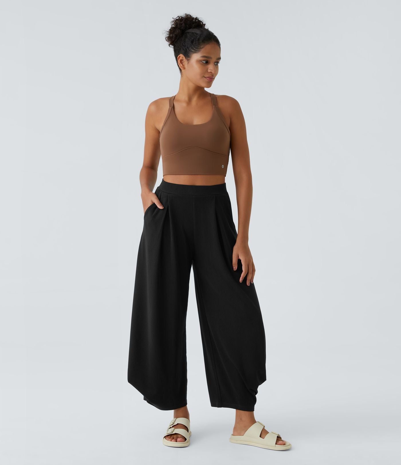 Pantalon décontracté harem uni côtelé, taille haute, avec poches