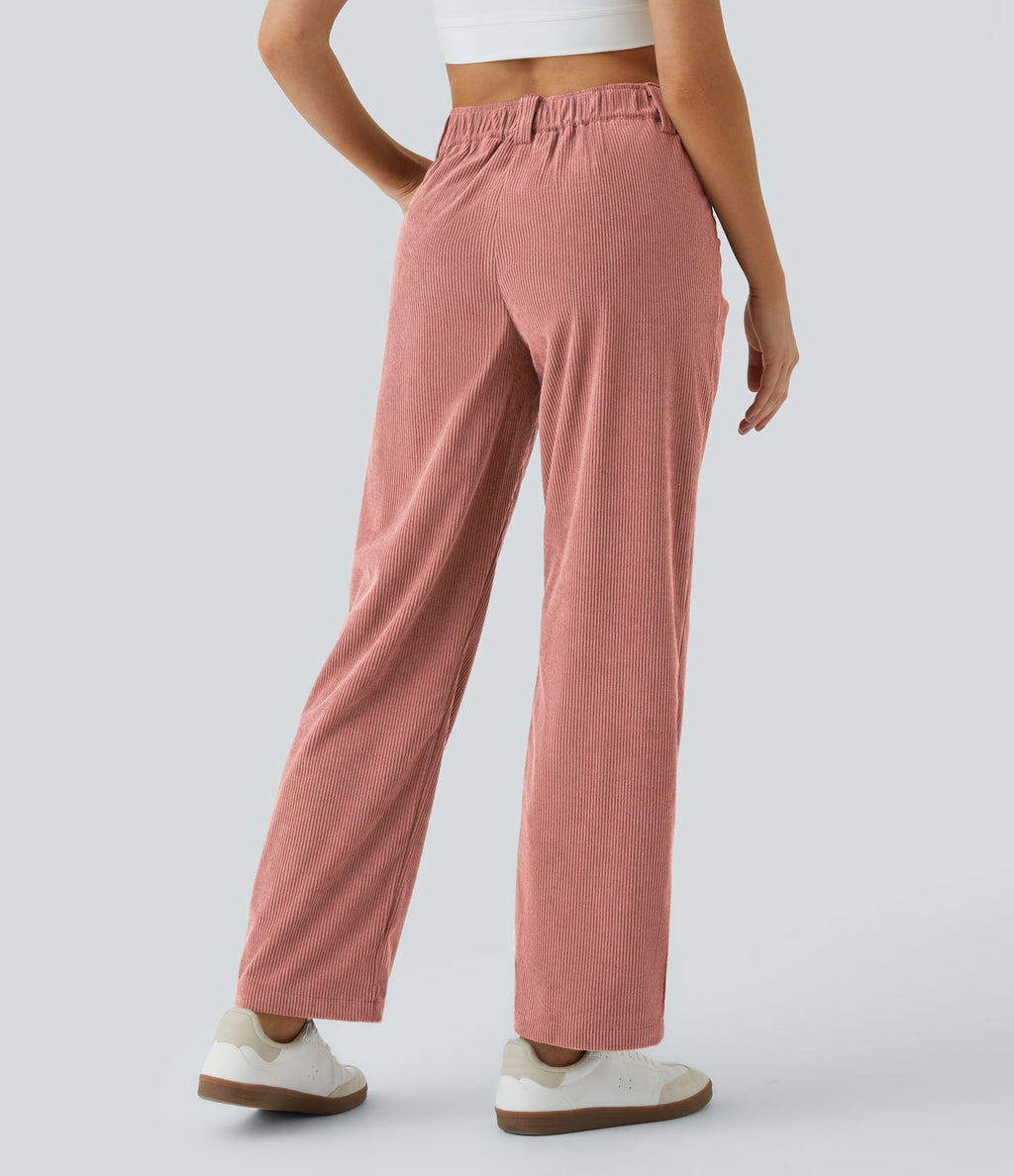 Pantalon en velours côtelé décontracté taille moyenne avec poches latérales
