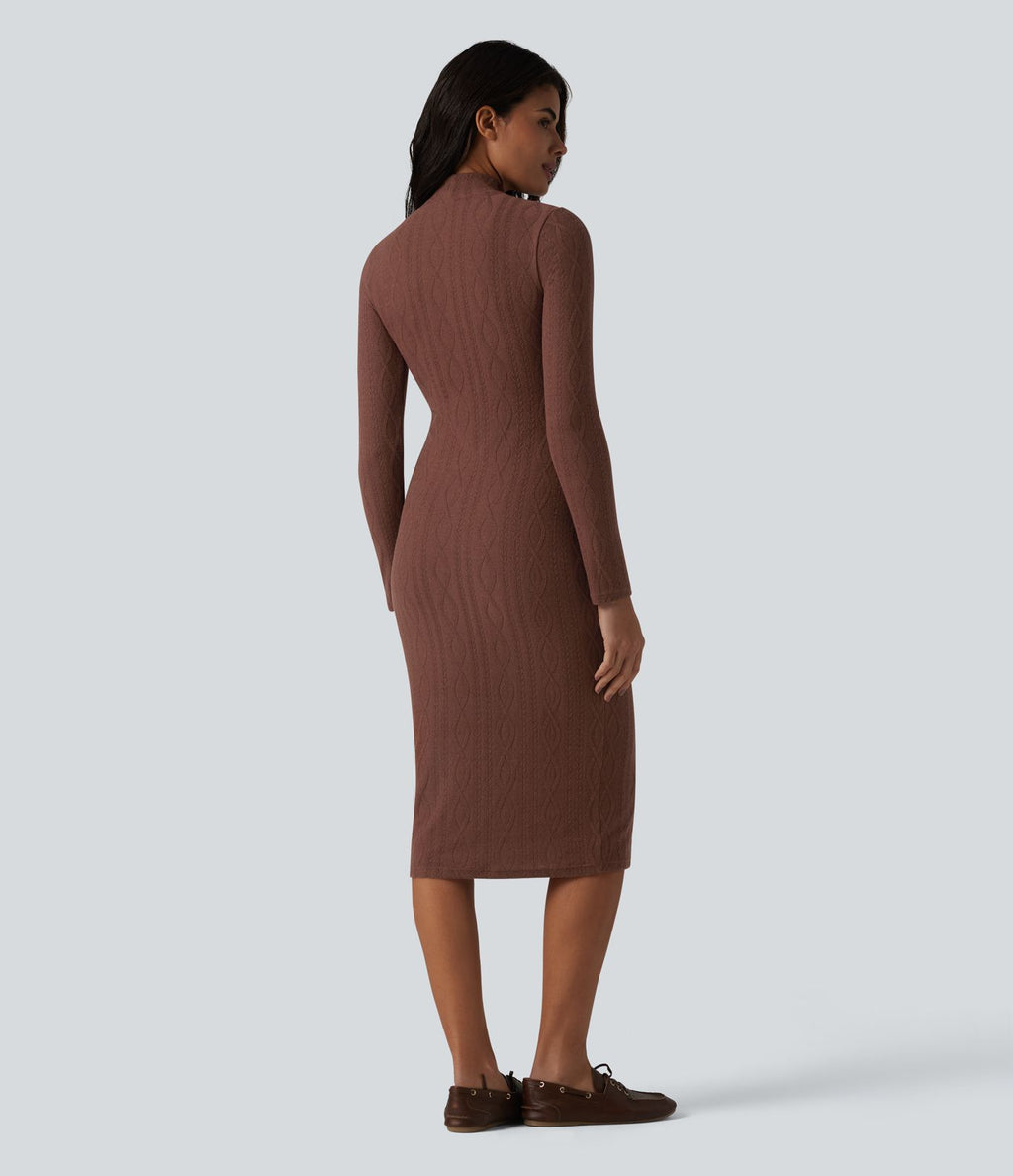 Robe midi moulante tailleur à col montant et manches longues en maille torsadée