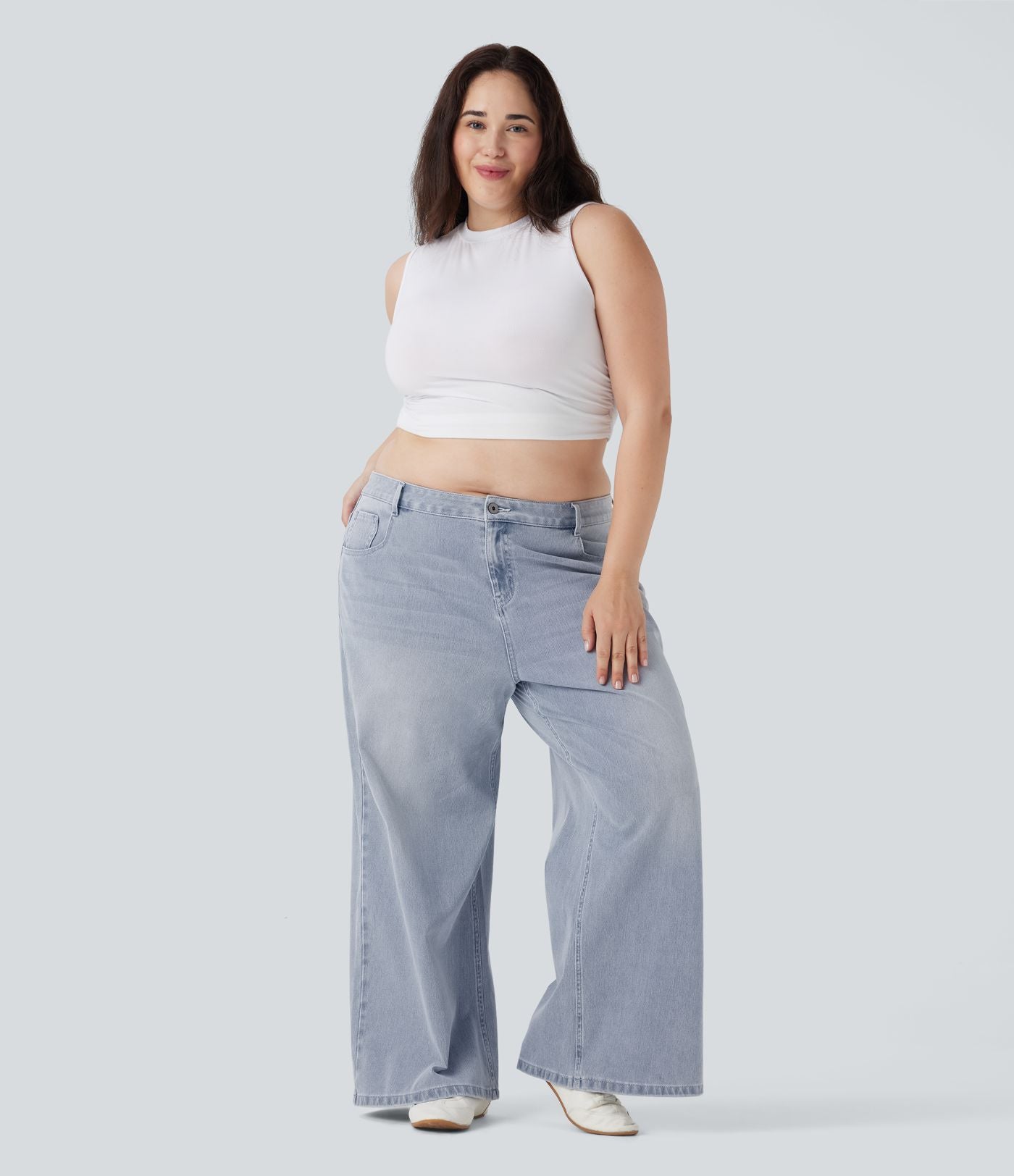 Jean décontracté grande taille Halara Flex™ taille basse large en maille extensible délavée avec multiples poches