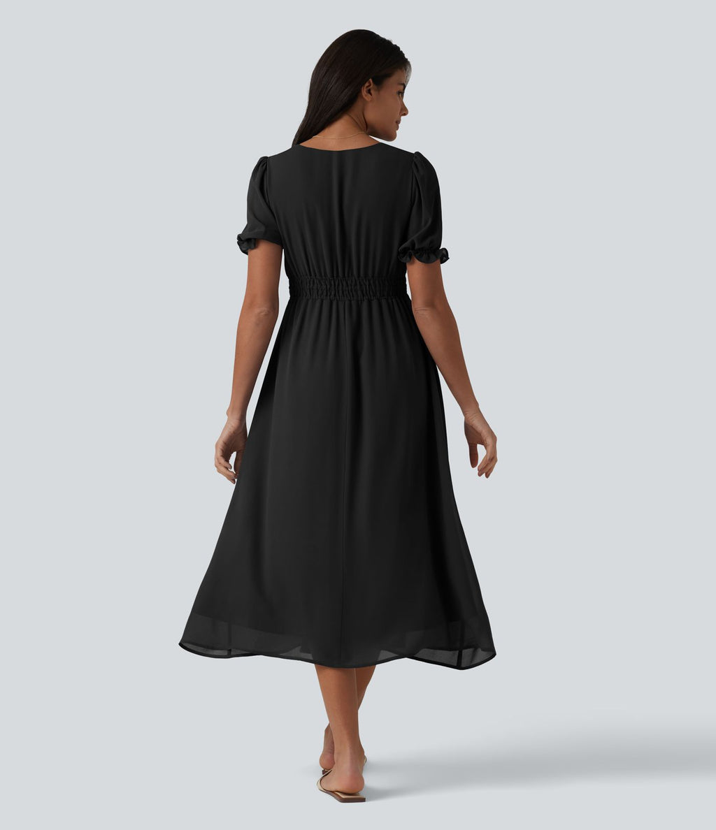 Robe décontractée fluide mi-longue col V manches bouffantes taille froncée