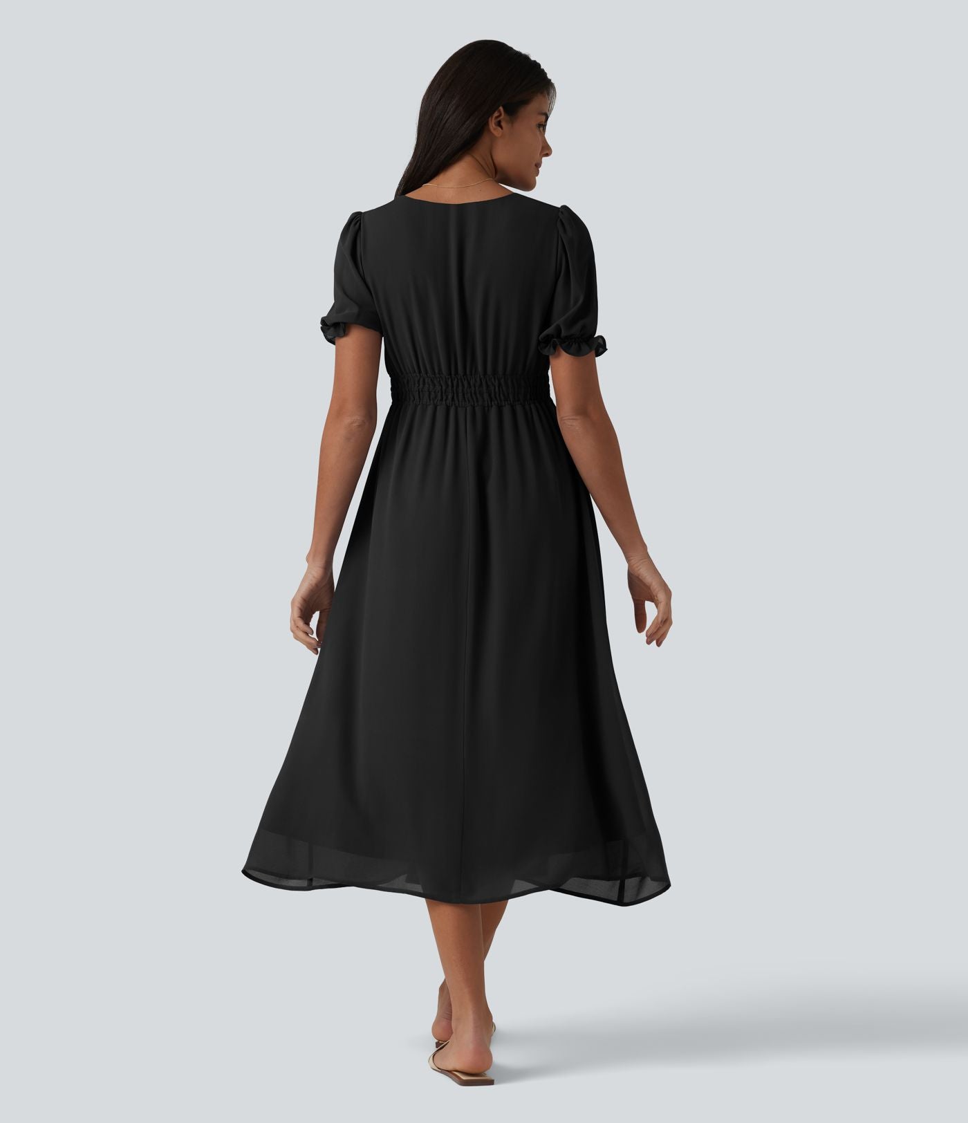 Robe décontractée fluide mi-longue col V manches bouffantes taille froncée