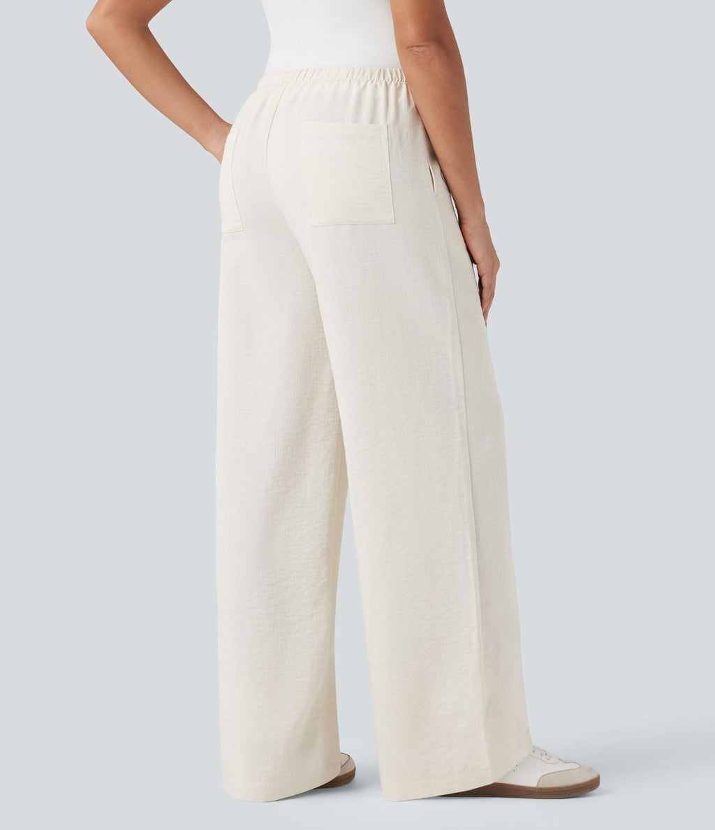 Pantalon décontracté large effet lin taille haute infroissable avec cordon et poches