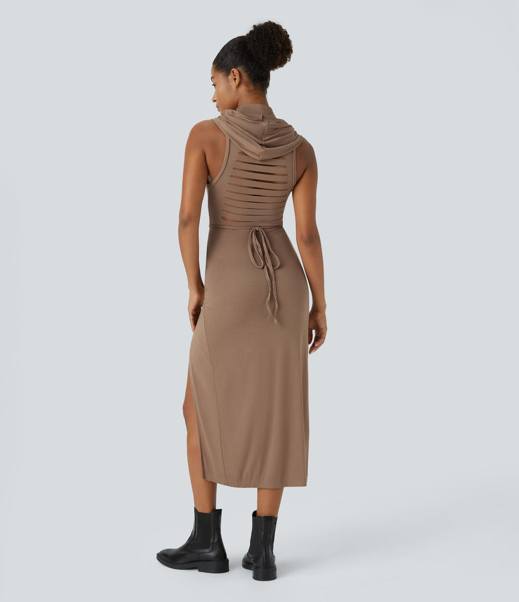 Robe Casual Midi 2 Pièces Capuche Col Montant Sans Manches Fendue avec Découpe Dos Nœud Côtelée