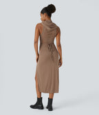 Robe Casual Midi 2 Pièces Capuche Col Montant Sans Manches Fendue avec Découpe Dos Nœud Côtelée
