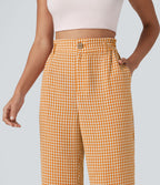 Pantalon 7/8 décontracté aspect lin à carreaux taille haute avec poches