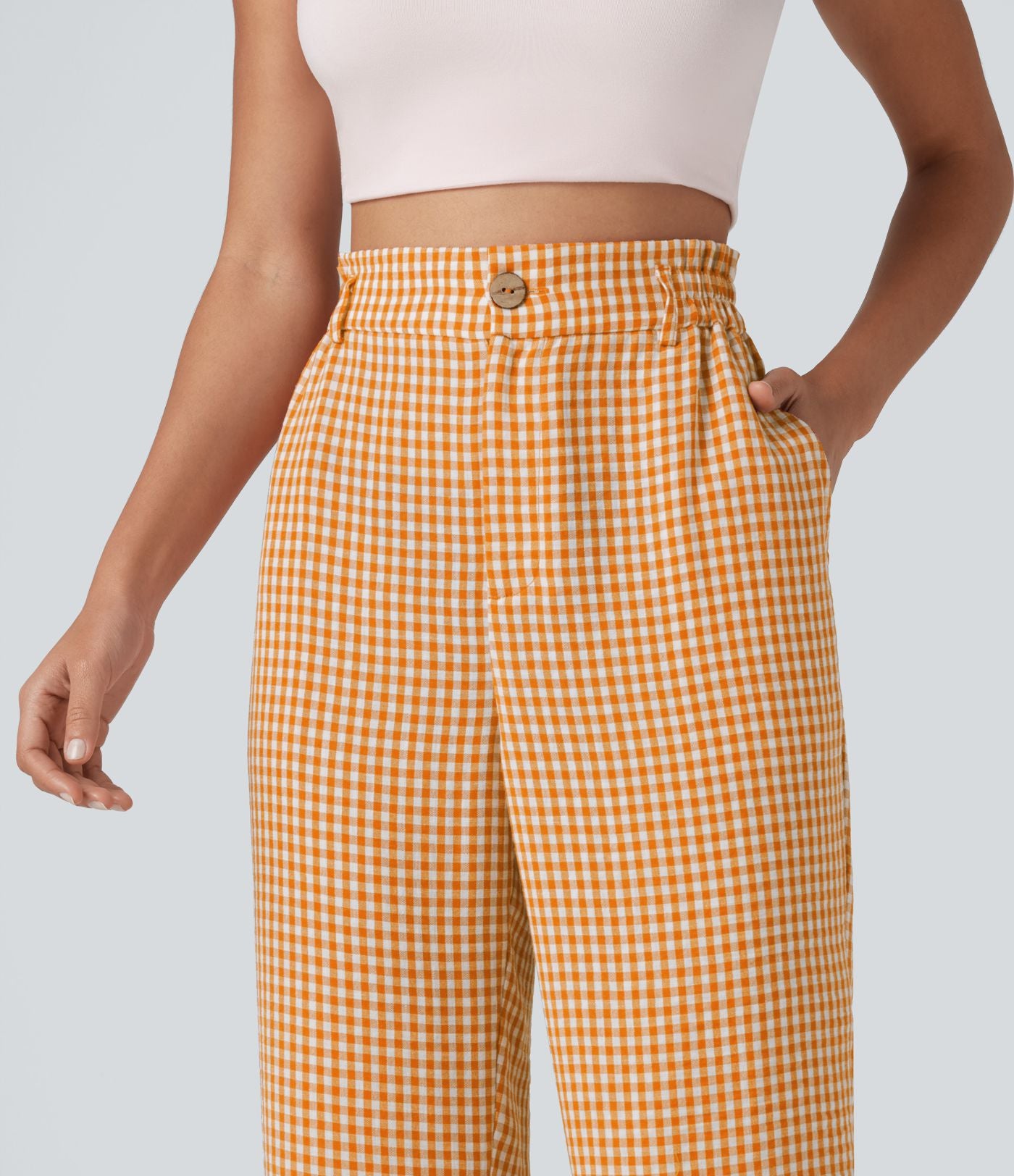 Pantalon 7/8 décontracté aspect lin à carreaux taille haute avec poches