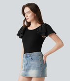 Blouse décontractée col rond à manches à volants étagées
