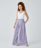 Pantalon décontracté palazzo en maille gaufrée, fluide, large, plissé, taille haute, avec poches