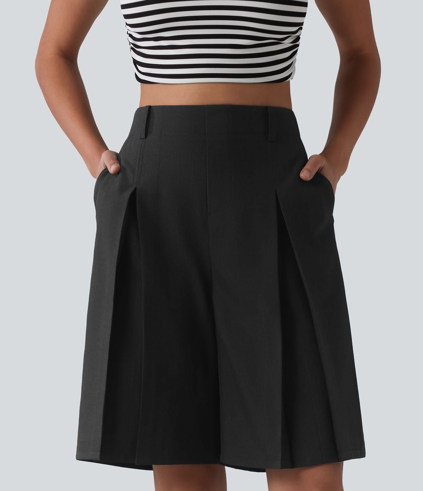 Bermuda ample infroissable taille haute plissé aspect lin avec fermeture éclair invisible et poches