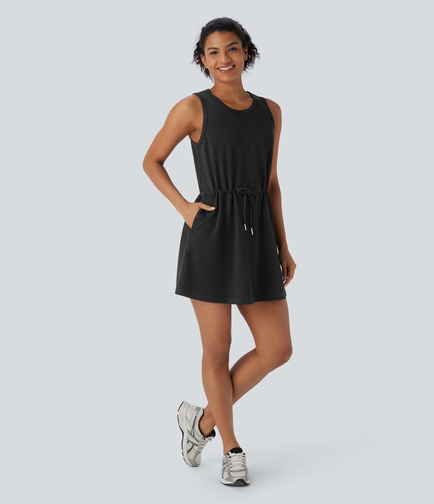 Robe active de yoga mini 2 pièces à col rond, sans manches, cordon de serrage et poches latérales