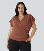 Blouse Travail Unie Froncée Croisée Manches Courtes Col en V Grande Taille