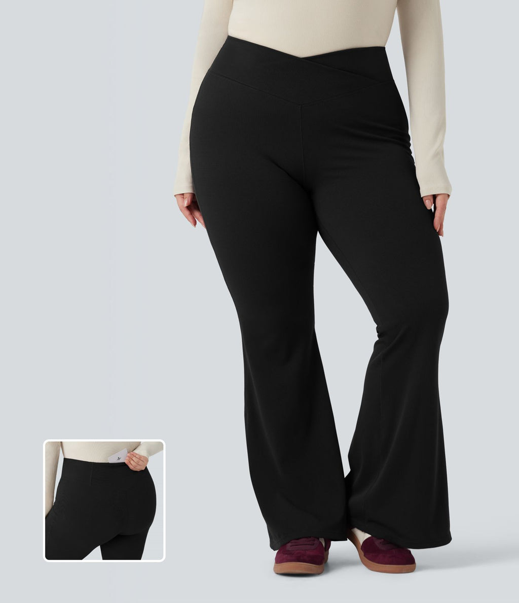 Pantalon décontracté grande taille croisé, évasé en maille gaufrée, taille haute, avec poches