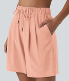 Short de yoga plissé taille haute avec ceinture élastique, cordon de serrage et poches 17,5 cm