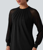 Blouse mesh contrastant col rond manches raglan longues