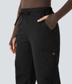 Pantalon jogging cargo velours côtelé coupe droite taille mi-haute avec cordon de serrage et poches