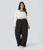 Pantalon décontracté grande taille en velours côtelé coupe droite taille haute avec poches latérales