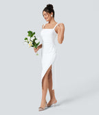Softlyzero™ Airy Robe Demoiselle d'Honneur Invitée de Mariage Col Carré Plissée et Fendue Toucher Frais Grande Taille