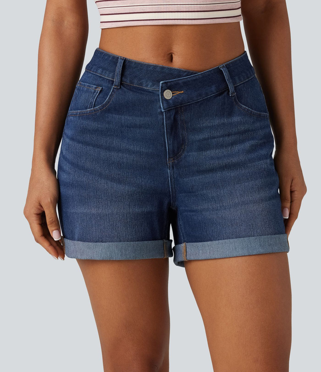 Short denim décontracté Halara Flex™ asymétrique délavé taille haute ourlet roulotté avec poches