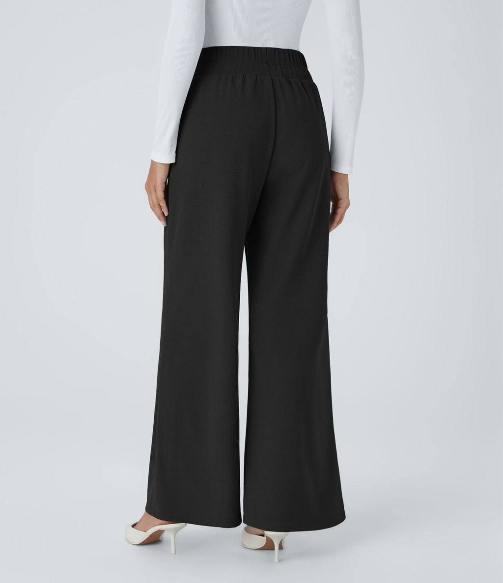 Halara Flex™ Pantalon Tailleur en Tissu Gaufré Taille Haute avec Large Ceinture Plis Poches Latérales Jambes Larges