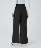 Halara Flex™ Pantalon Tailleur en Tissu Gaufré Taille Haute avec Large Ceinture Plis Poches Latérales Jambes Larges