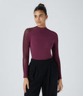 Top de Travail Skinny à Col Montant Manches Raglan Longues Mesh Contrastés
