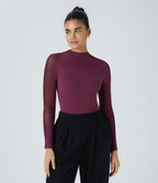 Top de Travail Skinny à Col Montant Manches Raglan Longues Mesh Contrastés