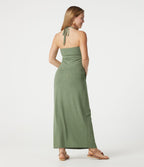 Robe longue chinée dos-nu à nouer, brassière intégrée, à poches