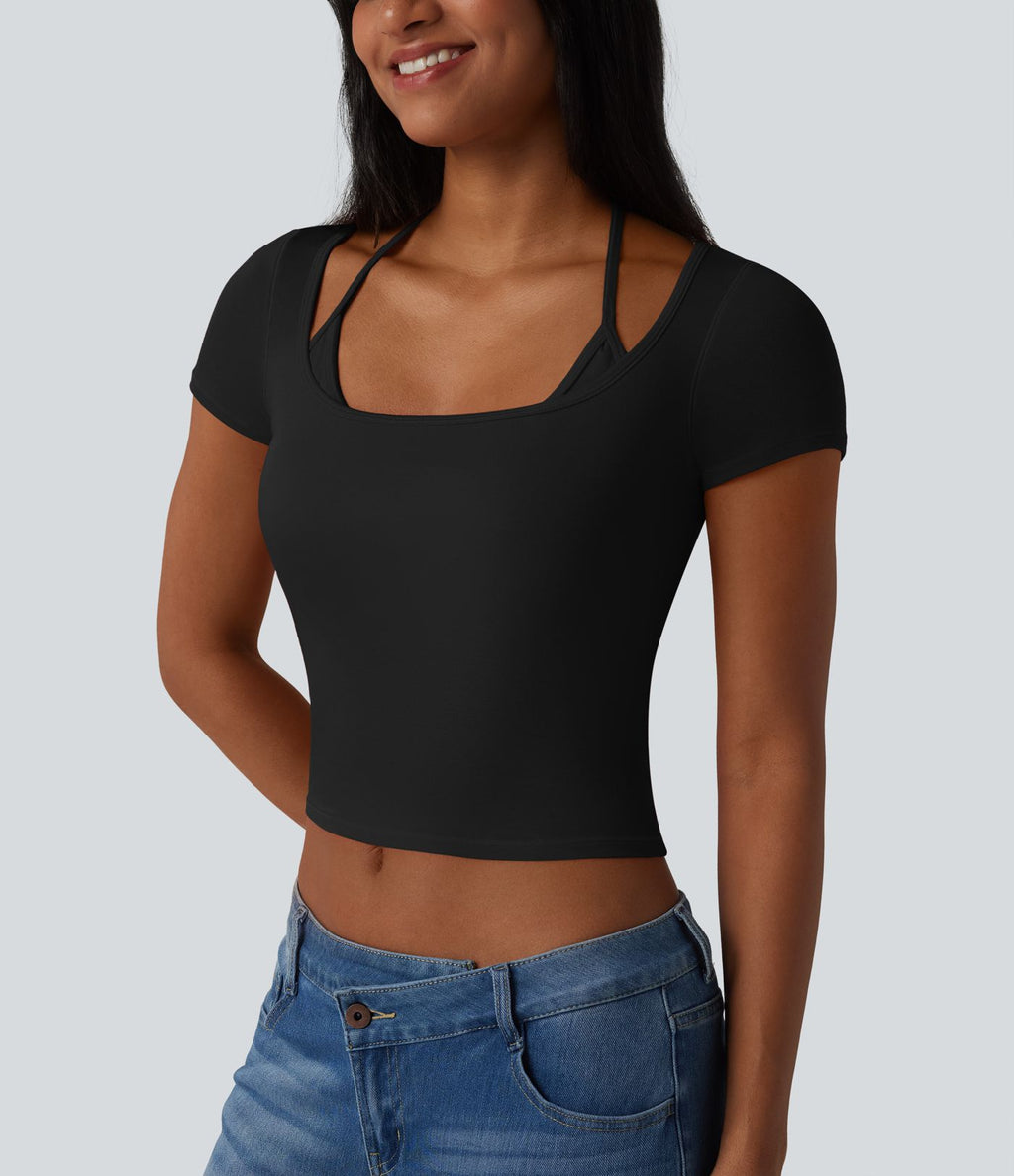 T-shirt crop décontracté côtelé dos nu à nouer avec soutien-gorge intégré manches courtes