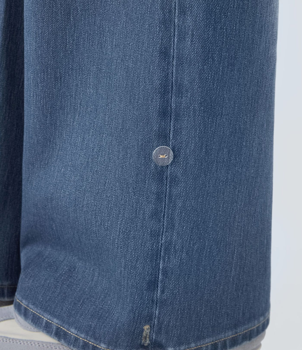 Jean décontracté Halara Flex™ taille haute jambes larges avec poches multiples et ourlet ajustable, en maille extensible effet délavé