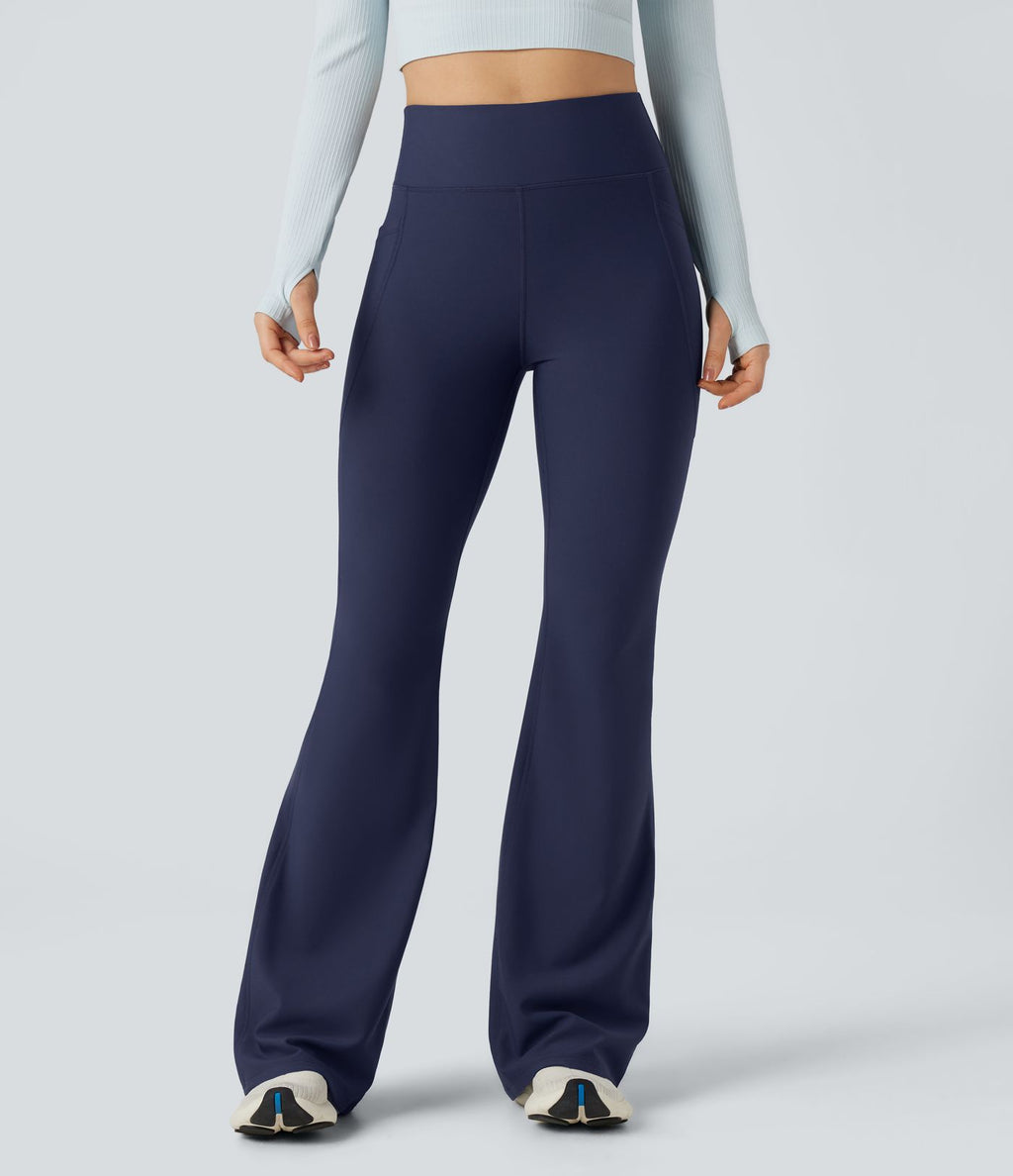 Pantalon de yoga évasé thermique en polaire froncée, taille haute, avec poches