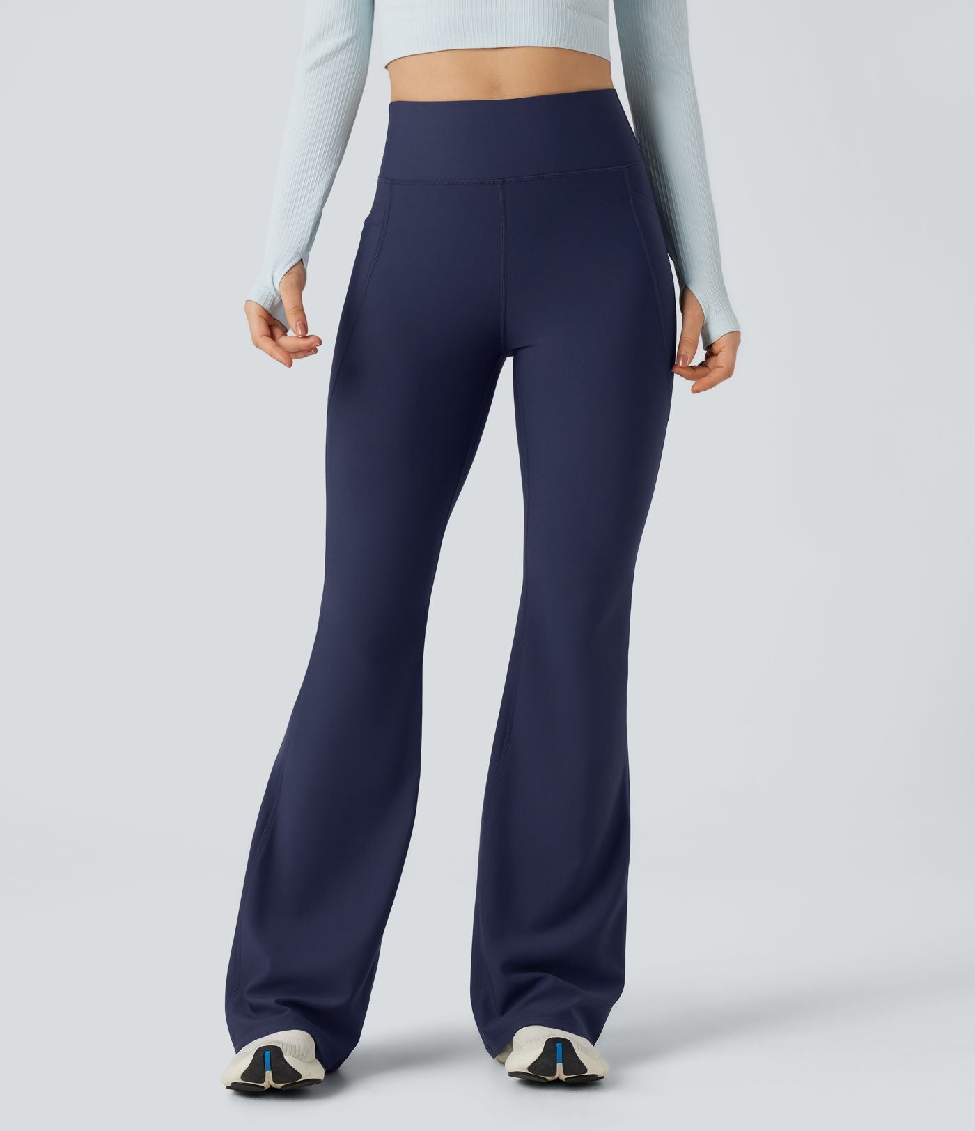 Pantalon de yoga évasé thermique en polaire froncée, taille haute, avec poches