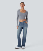 Jean bootcut délavé Halara Flex™ taille basse avec bouton, fermeture éclair et poches multiples