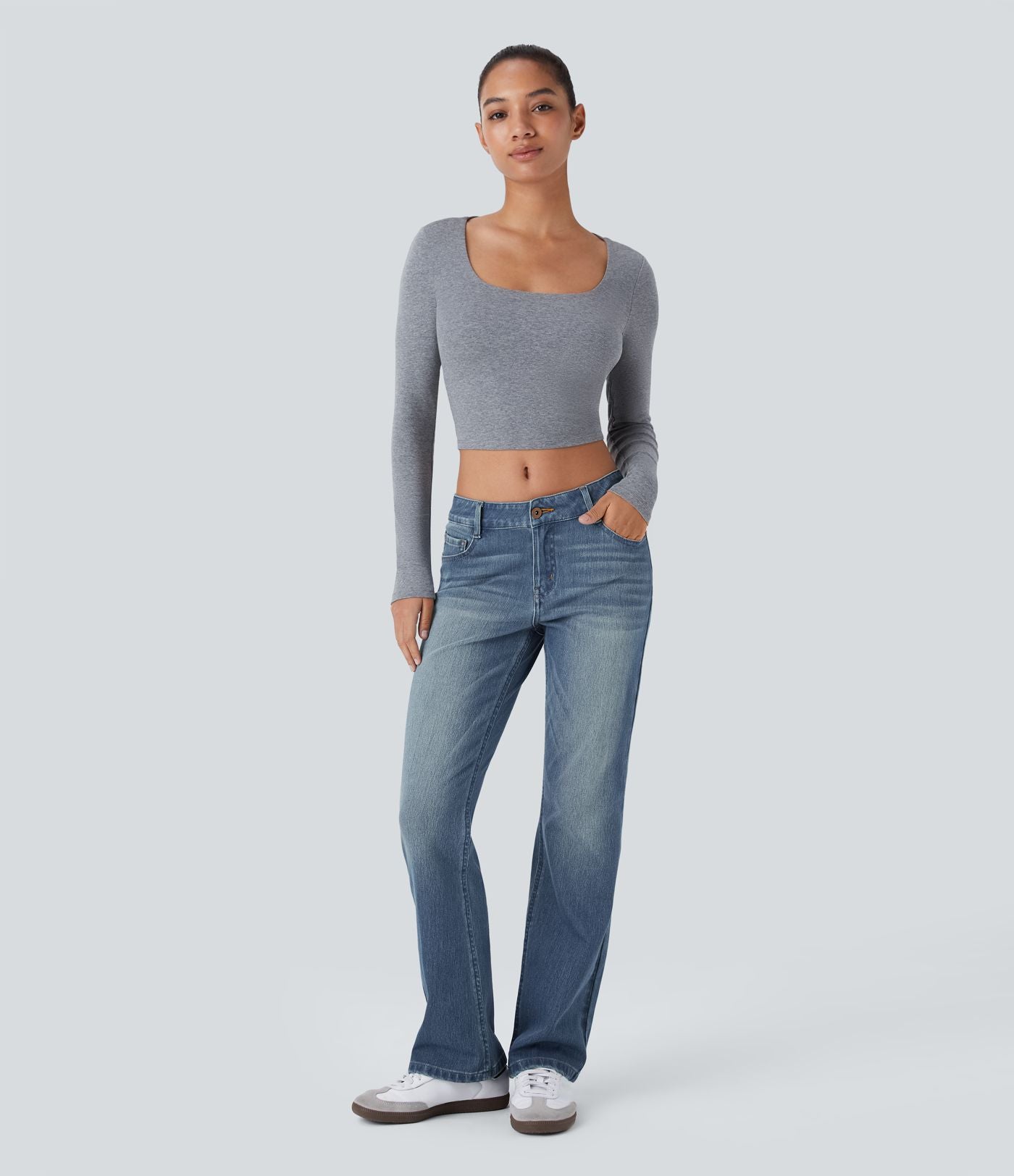 Jean bootcut délavé Halara Flex™ taille basse avec bouton, fermeture éclair et poches multiples