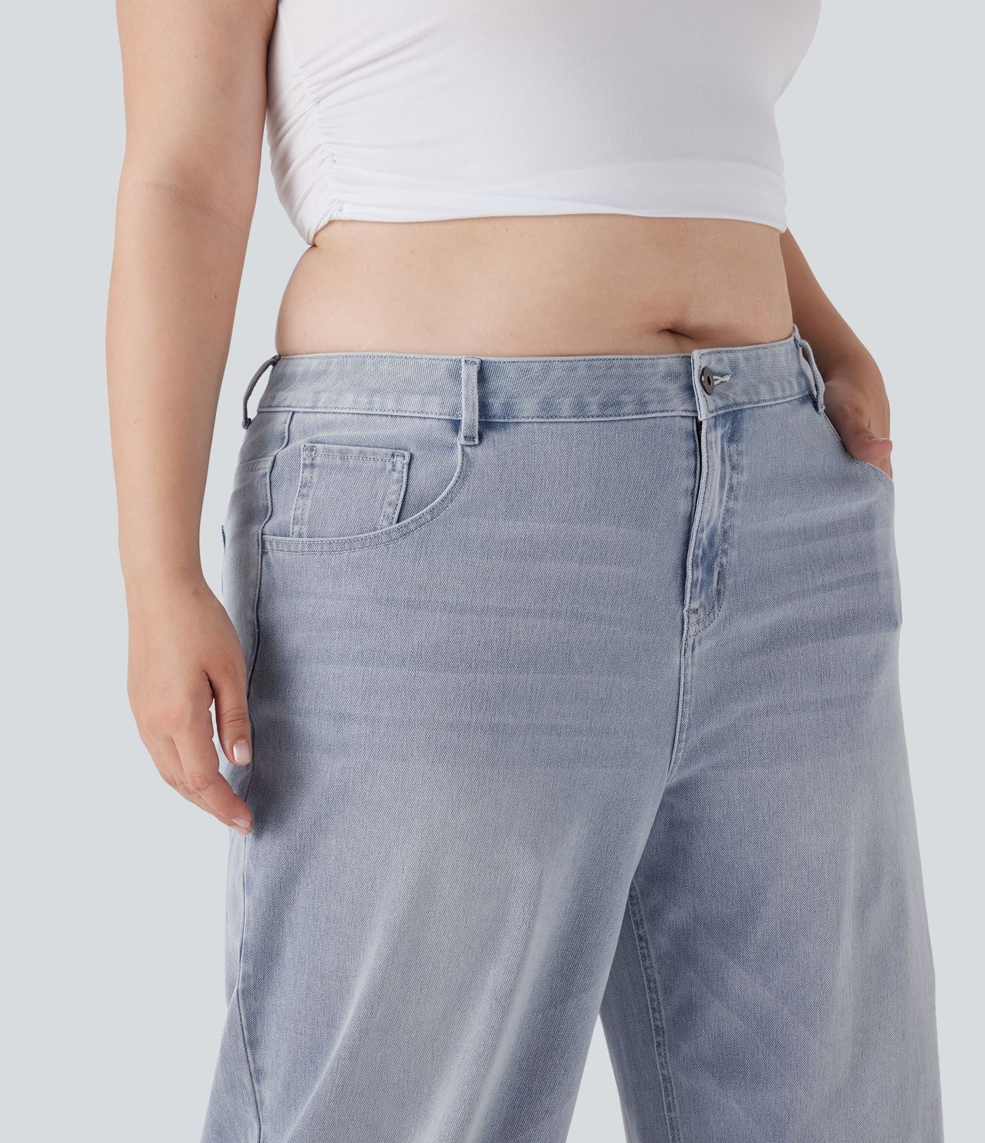 Jean décontracté grande taille Halara Flex™ taille basse large en maille extensible délavée avec multiples poches