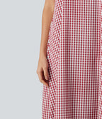 Robe débardeur midi décontractée col rond sans manches en vichy froissé avec poches