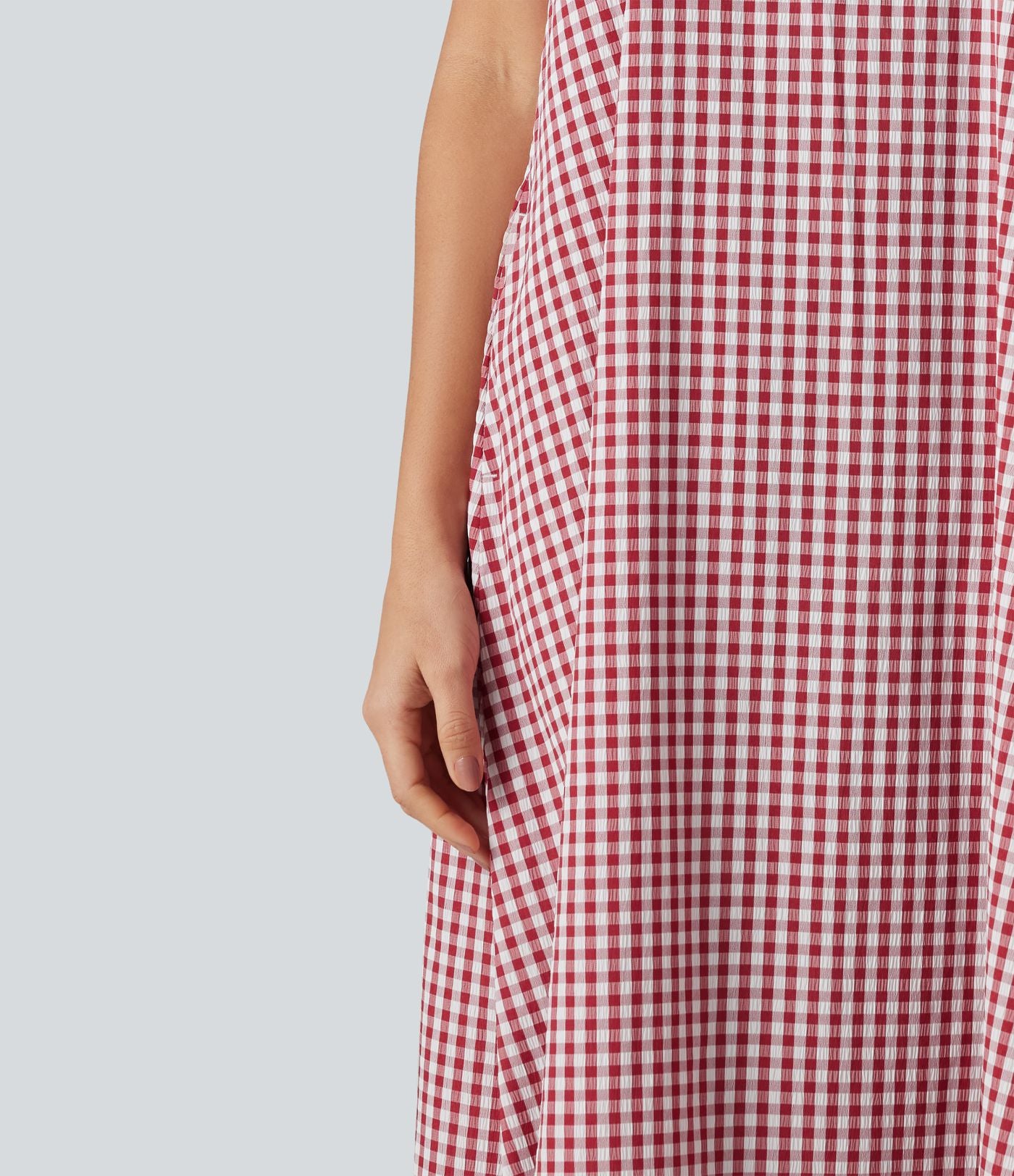 Robe débardeur midi décontractée col rond sans manches en vichy froissé avec poches