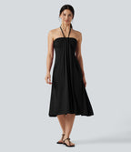Robe midi trapèze dos-nu à nouer, à poches