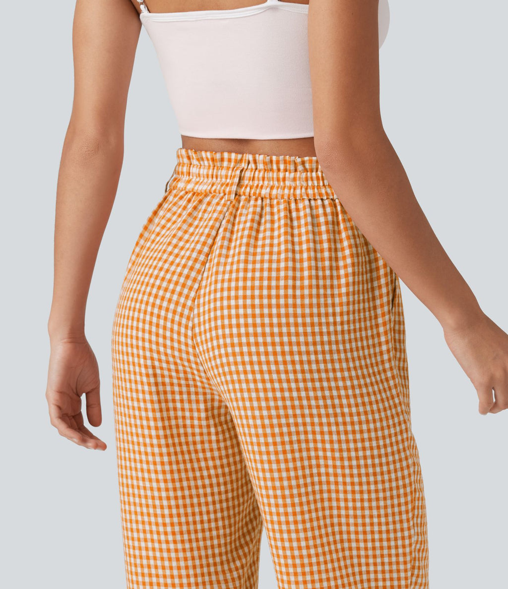 Pantalon 7/8 décontracté aspect lin à carreaux taille haute avec poches