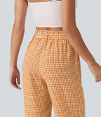 Pantalon 7/8 décontracté aspect lin à carreaux taille haute avec poches