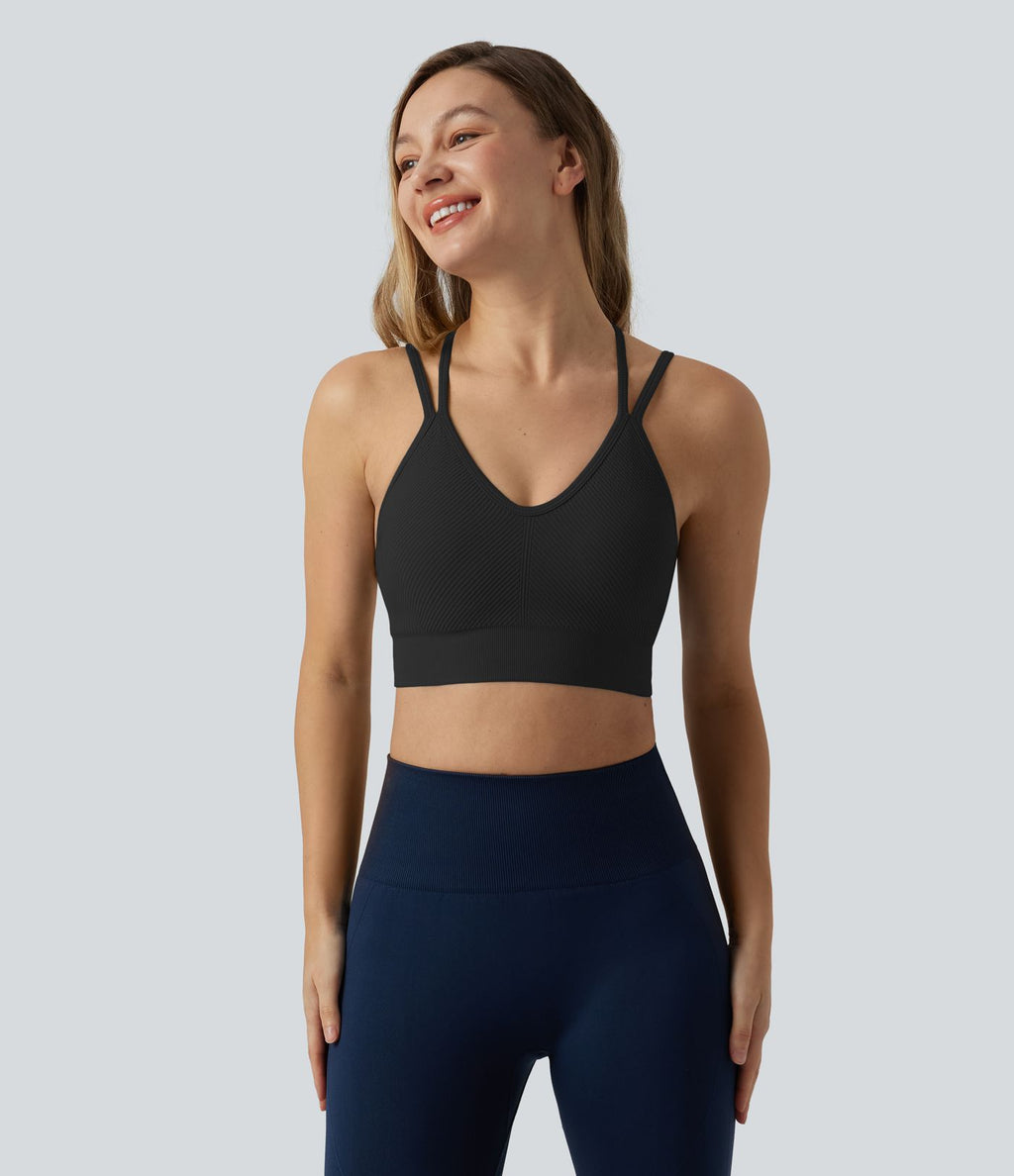 Brassière de sport yoga OneForm sans couture Flow maintien léger col V dos croisé ouvert avec soutien-gorge intégré, coupe cropped