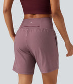 Short yoga 2-en-1 à rayures taille super haute 17,5 cm avec poches