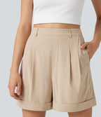 Short ample taille haute décontracté en lin stretch 10 cm avec poches