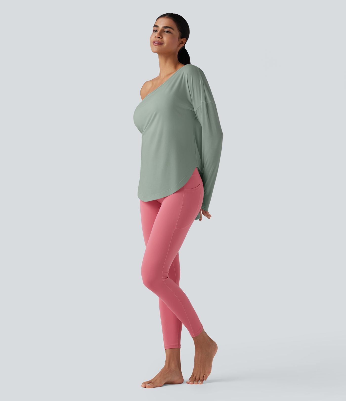Top de sport yoga une épaule séchage rapide ourlet arrondi asymétrique manches longues avec trous pouces - Brassière intégrée