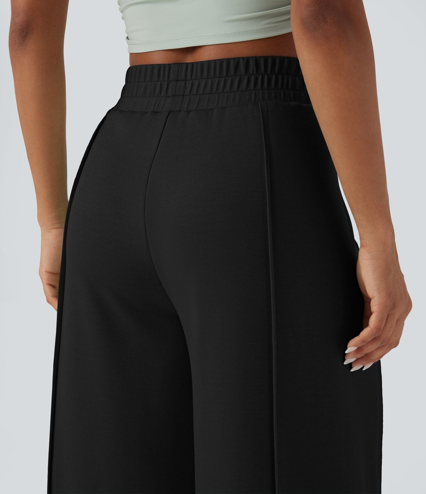 Pantalon décontracté micro gaufré jambe large taille haute avec poches