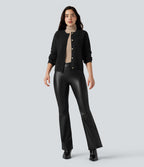 Pantalon évasé asymétrique polaire PU gainant extensible taille haute avec poches