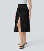 Breezeful™ Jupe de Vacances Midi Fluide à Taille Haute Plissée Fendue et à Séchage Rapide