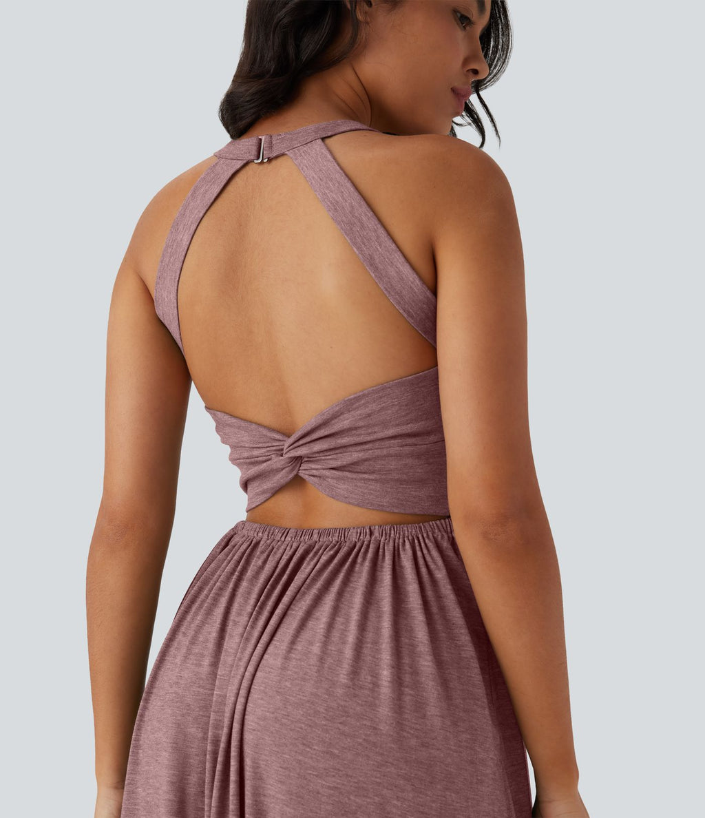 Robe longue fluide fendue avec poches latérales, dos nu et effet torsadé