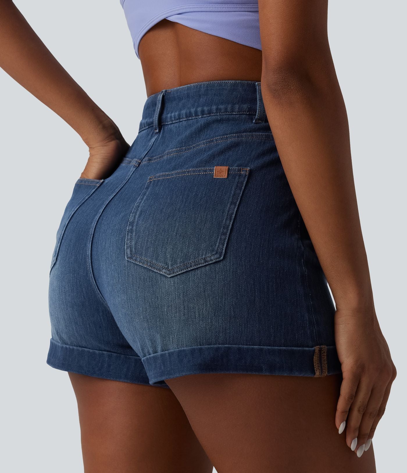 Short denim décontracté Halara Flex™ gainant taille haute ourlet roulotté avec poches