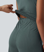 Combinaison tailleur col V sans manches à rayures et fronces avec poches - Easy Peasy